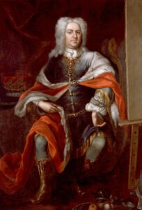 Full-length portrait of man in early eighteenth-century wig and robes