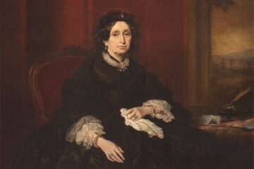 Oil painting of a seated lady in 1830s dark clothing.